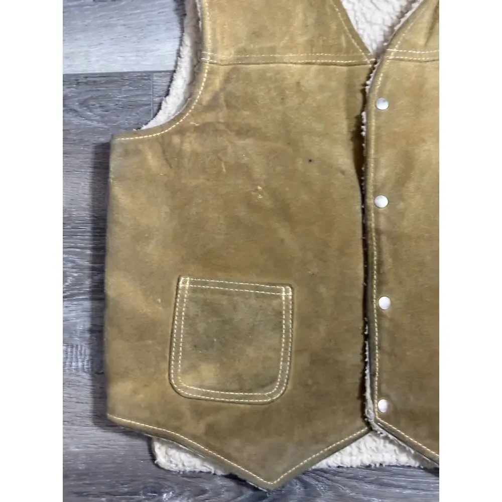 Vintage Sears The Leather Shop Sherpa Lined Tan Vest Retro - Men’s Medium